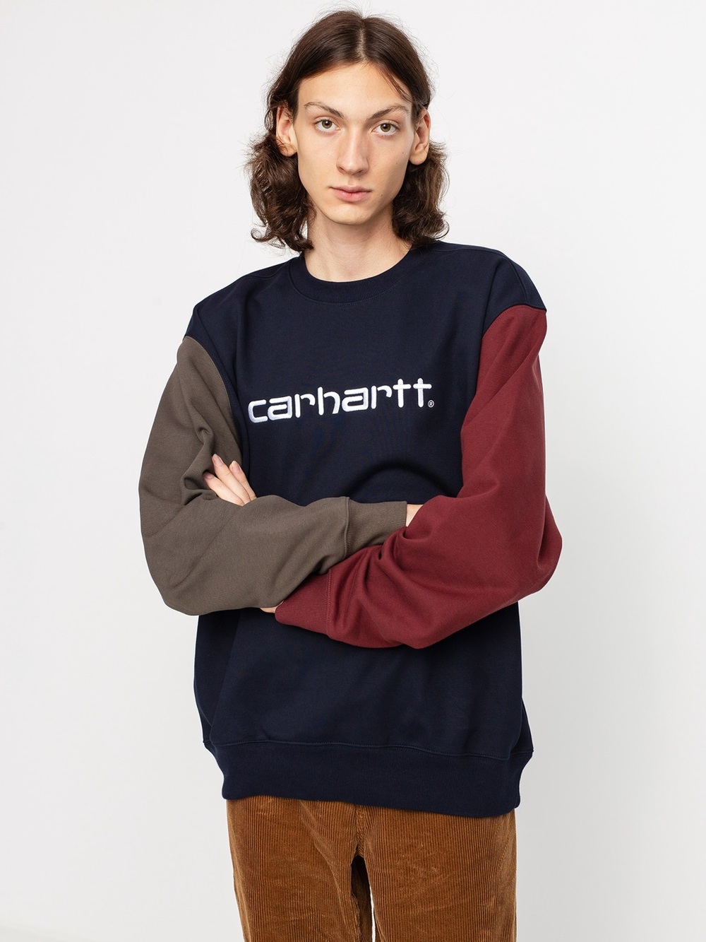 Carhartt Work in Progress Tricolor Navy Crewneck with Burgundy and Olive Sleeves